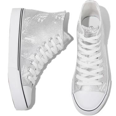 Imagem de kufeiti Tênis feminino de lona de cano alto com cadarço branco preto tênis casual caminhada, Prata, 37