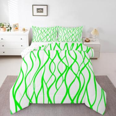 Imagem de Erosebridal Conjunto de edredom king de arte abstrata, listras verdes modernas para mulheres, homens e adultos, roupa de cama geométrica minimalista, linhas simples, verde, branco, macio e