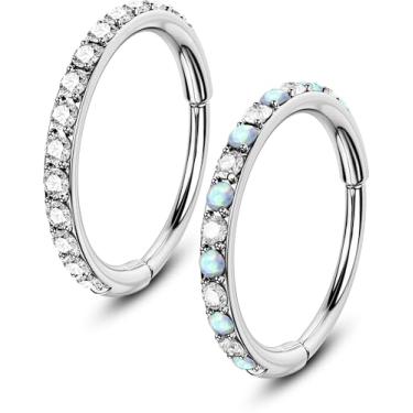 Imagem de OUFER 2 peças de anéis de nariz para mulheres, argolas de nariz de aço cirúrgico 316L de 8 mm, opala e zircônia cúbica transparente segmento articulado septo lábio sobrancelha cartilagem concha torre