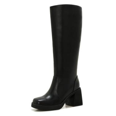 Imagem de ZXHYZLZ Botas femininas Gogo de panturrilha larga dos anos 70 plus size – Botas retrô de salto alto alto e salto quadrado, Poliuretano preto, 11 Wide