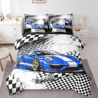 Imagem de jejeloiu Conjunto de edredom de carro de corrida azul com lençol solteiro para crianças, meninos e meninas, 7 peças, decoração de quarto, microfibra leve e macia