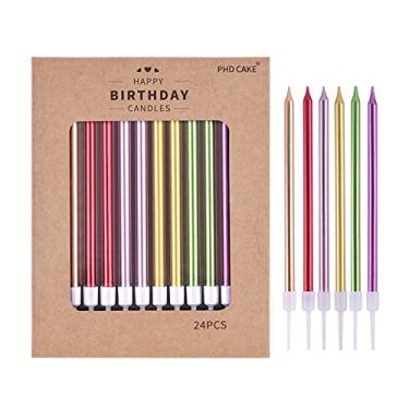 Imagem de PHD CAKE Velas de aniversário coloridas longas e finas metálicas, douradas, champanhe, ouro rosa, verde, vermelho, roxo, velas de bolo, festas de aniversário, decorações de casamento, velas de festa