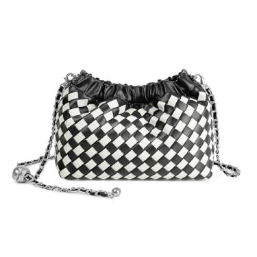 Imagem de Joryin Bolsa tiracolo feminina de tecido e bolsa de noite, bolsa de mão de bolinho moderna e bolsa de ombro Hobo Cloud clutch moderna, Couro trançado - preto e branco