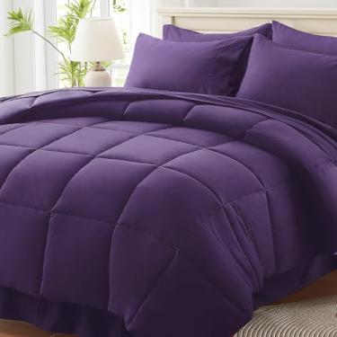 Imagem de Anluoer Jogo de cama king size California em uma bolsa, 7 peças, roxo escuro, com lençóis, edredom com edredom, fronhas, lençol de cima, lençol com elástico