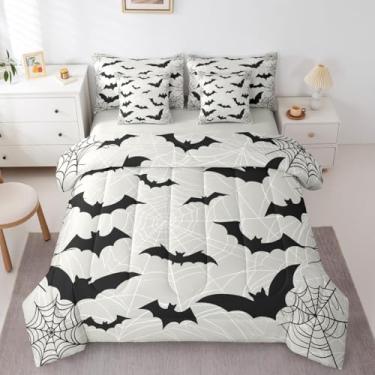 Imagem de Erosebridal Jogo de cama solteiro Happy Halloween, 7 peças, cama de morcegos de teia de aranha em uma bolsa, conjunto de cama de morcegos voadores pretos inclui edredom, conjunto de lençol, fronhas e