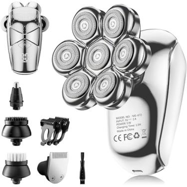 Imagem de SHPAVVER Barbeador Elétrico 5 Em 1, À Prova D'Água Ipx7 Para Homens Calvos, Com Tela Led Seca E Úmida, Recarregável, Kit De Barbear Rotativo 7D Com Carregador Tipo C, Prata Brilhante