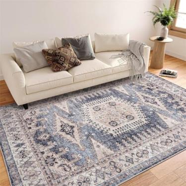 Imagem de ESSMOKO Tapete de sala tapete turco persa para casa, sala de estar, quarto, mesa de cabeceira, lavável à máquina, vários tamanhos, azul pó retro, 50 x 80 cm