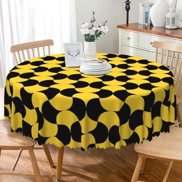 Imagem de Laeacco Toalha de mesa geométrica redonda de 152 cm, preta e dourada, estampa de arte moderna, lavável, impermeável, sem vincos, para cozinha, jantar, piquenique, decoração de festa