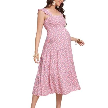 Imagem de KOJOOIN Vestido feminino de verão sem mangas com decote quadrado franzido casual boho midi vestido de chá de bebê sessão de fotos, Flor rosa, M