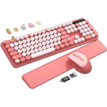 Imagem de Combo de teclado e mouse sem fio, rosa blush para mesa estética, descanso de pulso magnético, teclado de máquina de escrever retrô de tamanho completo com teclas redondas, modo de suspensão, sem fio