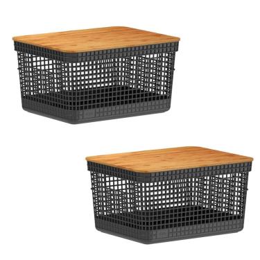 Imagem de 2X Caixa Organizadora Cesto Tampa De Bambu 8 Litros Grid Ou