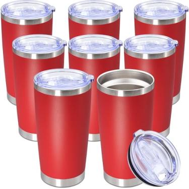 Imagem de Copo de 590 ml, copo de aço inoxidável a granel com tampa, isolado a vácuo, parede dupla, caneca de viagem, copo de café, durável, revestido em pó, para bebidas quentes e frias, vermelho, pacote com 8