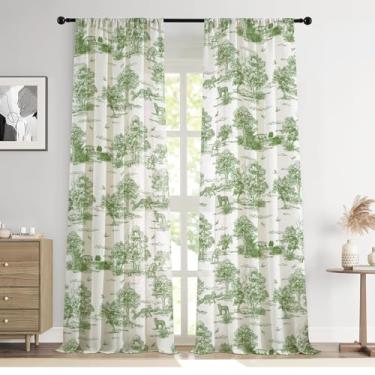Imagem de Cortinas Vintge verde sálvia 153 cm de comprimento linho Toile de Jouy cortina de janela francesa com filtro de luz para sala de estar quarto varão bolso vitoriano cortinas de tratamentos de janela, 2