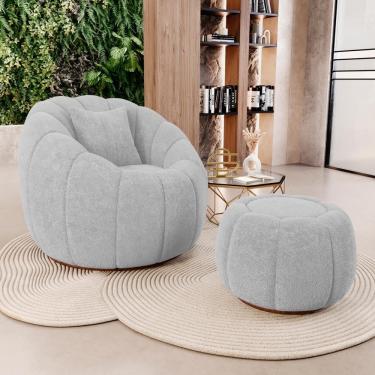 Imagem de Poltrona Decorativa Concha Fixa com Puff Estilo Abóbora Shell Bouclê Cinza Claro - Desk Design