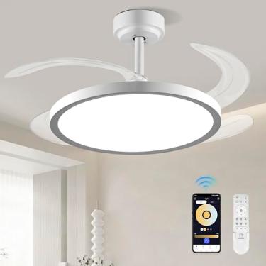 Imagem de BAYSQUIRREL Ventilador de teto retrátil fino com luzes e controle remoto/aplicativo, memória reversível regulável de 6 velocidades, ventilador inteligente silencioso moderno de 106 cm para quarto