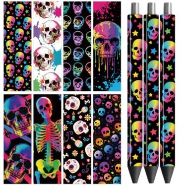 Imagem de Peacoblue Adesivo de transferência UV DTF envoltório de caneta crânio colorido - 48 peças à prova d'água impressão HD UV DTF caneta adesivos adesivos para caneta lápis DIY personalizada artesanato