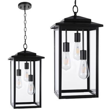 Imagem de LamQee Luminária pendente grande para ambientes externos, lustres modernos de 3 luzes para pendurar ao ar livre, lustres com vidro, lanterna suspensa externa de casa de fazenda, suporte de teto para