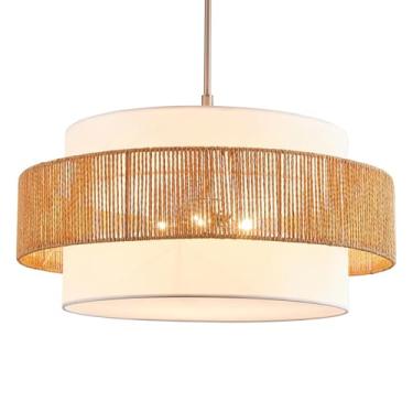 Imagem de Lustres de tambor grande de vime de 61 cm, luminárias pendentes boho de 5 luzes, iluminação rústica tecida à mão para sala de jantar, cozinha, ilha, sala de estar, quarto, acabamento em níquel