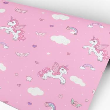 Imagem de Papel de Parede Infantil Unicórnio Mágico Rosa Autoadesivo Rolo 5m x 45cm Quarto Sala
