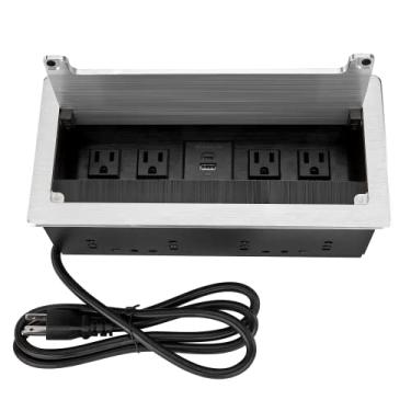 Imagem de Caixa de tomada de energia de mesa embutida, caixa de conectividade multimídia de mesa para sala de estudo de conferência casa com 4 tomadas CA, porta USB-C carregamento rápido 18 W comprimento 4,9 FT