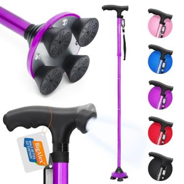 Imagem de BigAlex Bengala dobrável com luz LED, base quádrupla giratória, bengala ajustável com bolsa de transporte para homem/mulher (base de liga)