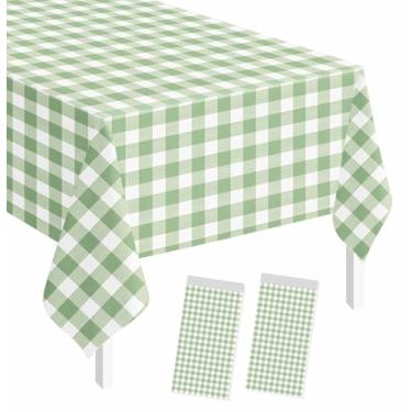 Imagem de Pacote com 2 toalhas de mesa xadrez verde sálvia retangular 137 x 278 cm, toalha de mesa xadrez descartável de plástico para aniversário, chá de bebê, piquenique, festa de casamento