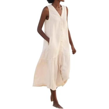 Imagem de Primavera Verão Sem Mangas Vestido De Linho De Algodão Vestidos De Verão Para Mulheres Sem Mangas Bolsos Férias Maxi Vestidos, Colour, XXL