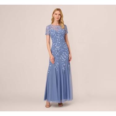 Imagem de Adrianna Papell Vestido feminino de manga curta floral com contas Godet, Azul francês, 44