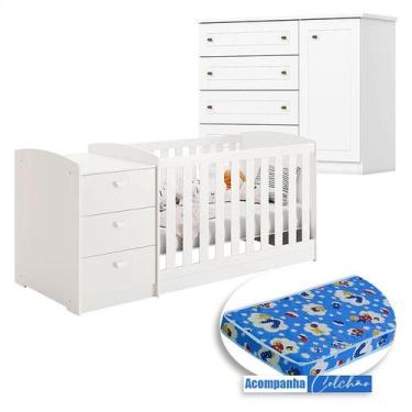 Imagem de Berço Multifuncional Atlanta e Cômoda Infantil Mississipi Henn Branco 