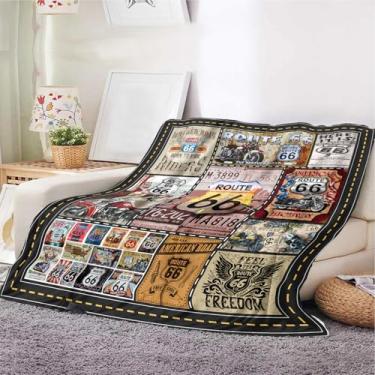 Imagem de Route 66 Cobertor masculino – cobertor vintage para viagem de motocicleta – decoração de sofá de flanela macia – presente de motociclista, cobertor masculino de caverna, manta temática de viagem (150