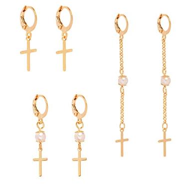 Imagem de Trio De Brincos Argolinha Cruz Folheado