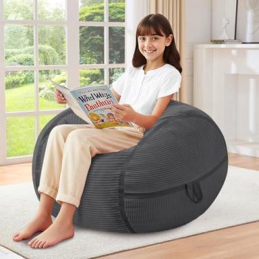 Imagem de HABUTWAY Cadeira Bean Bag, poltronas com enchimento de espuma de memória, confortável para sofá com alça portátil, saco de veludo cotelê ultramacio para sala de estar, quarto, sem montagem - cinza