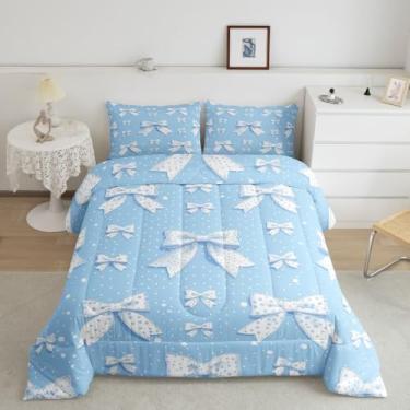 Imagem de Erosebridal Conjunto de edredom solteiro fofo com nó de laço, simples, de bolinhas, para sofá, quarto, desenhos animados, crianças, adultos, respirável, leve, edredom de plumas, azul, branco, kawaii,