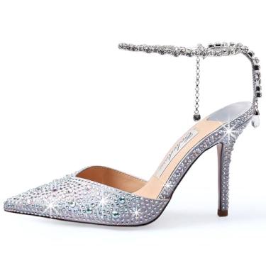 Imagem de Cokvkuu Sandálias femininas de salto alto, corrente de cristal, tiras no tornozelo, fivela de strass, salto alto, stiletto, sem fecho, festa de casamento, sapato social de cetim 9 cm, Prata., 35