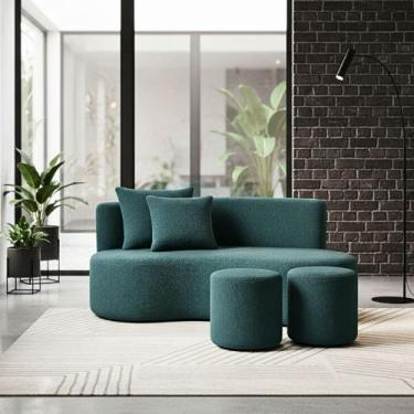 Imagem de Conjunto Sofá Curvo Orgânico + 2Puffs Nature Gaia Boucle Azul Turquesa