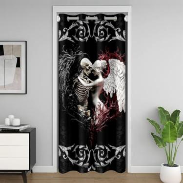 Imagem de Cortina de porta casal amante 86 cm L x 203 cm C estilo gótico esqueleto humano anjo menina cortina de porta privacidade para crianças adolescentes mulheres ramos vermelhos exótico cinza floral