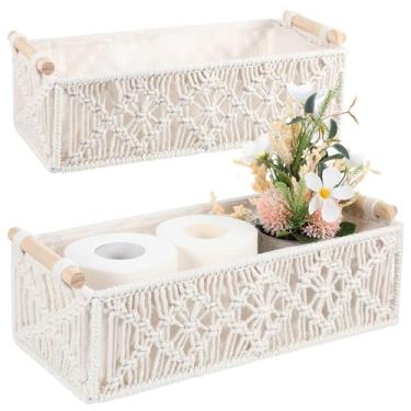 Imagem de Kifmurase 2 cestas de armazenamento de macramê, caixas de armazenamento de tecido Boho Decor com alça para prateleira, armário, bancada, sala de estar, organização doméstica, cesta de papel higiênico