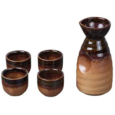 Imagem de JOEUQK Conjunto de 5 peças de saquê, conjunto de copos de saquê de cerâmica retrô japonesa, com 1 pote de saquê e 4 copos de saquê, design elegante, melhor presente para copos de família e amigos