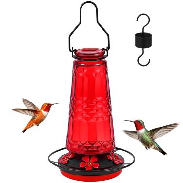 Imagem de RIMICAB Alimentador de beija-flor para pendurar ao ar livre, alimentador de néctar de vidro com fosso de formiga e 5 portas de alimentação de proteção de abelhas, à prova de vazamento, 600 ml