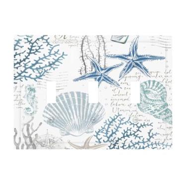 Imagem de Algranben Ocean Beach Starfish Seashell 3 Gang Triple Toggle Light Switch Cover Decorativo Náutico Costeiro Coral Mar Interruptor de Luz Elétrica para Quarto e Banheiro Acessórios