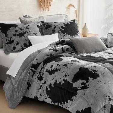 Imagem de Petrichor Conjunto de edredom King de flanela de veludo, estampa de vaca, estilo ocidental, conjunto de cama pesada, luxuosa, felpudo, 3 peças com edredom (228 x 264 cm) e 2 fronhas (51 x 91 cm