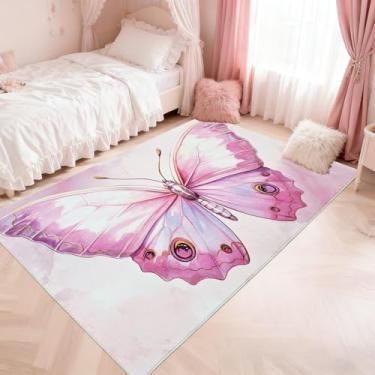 Imagem de USTIDE Tapete infantil de borboleta rosa 1,2 x 1,8 m, antiderrapante, lavável para quarto de crianças, quarto de bebê, macio, lavável à máquina, com decoração natural, creche, dormitório, castelo