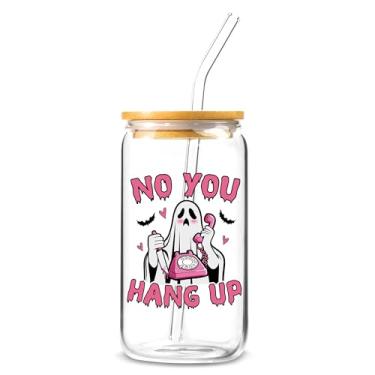 Imagem de SteadStyle Copo de vidro fantasma de Halloween com tampa de bambu e canudo (473 ml) - "No You Hang Up" Cute Spooky Scream Horror Pattern Iced Coffee Tumblers Caixa de Halloween para adultos e