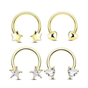 Imagem de Jewseen 4 peças anéis de septo 16G ouro septo joia estrela coração ferradura nariz anéis para mulheres 316L aço cirúrgico daith piercing jóias helix conch brinco para mulheres, 10mm, Aço inoxidável