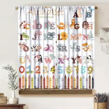 Imagem de Yoakiet Cortinas de alfabeto ABC para crianças, animais fofos, ferramentas educativas de aprendizagem, giz de cera colorido, bolso para varão, tratamentos de janela, cortinas para quarto de bebê 106,7