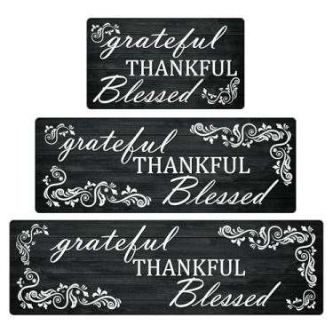 Imagem de Tapetes de cozinha Thankful para chão, 3 peças, tapetes antiderrapantes acolchoados de cozinha com design de grade, tapete confortável à prova d'água tapete de corrida de chef de fazenda para pia