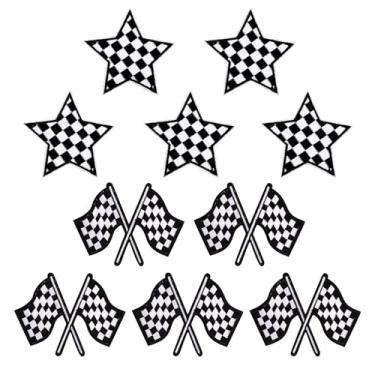 Imagem de 10 peças de remendos de corrida, clássico xadrez preto branco decorativo ferro em remendos bordados apliques para roupas, jeans, mochilas, chapéus (bandeira + estrela)