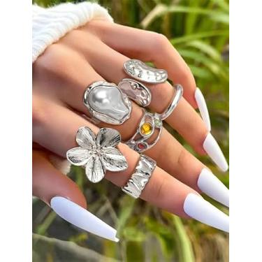 Imagem de Conjunto de 6 anéis de articulação de flores barrocas falsas pérola empilháveis estilo BOHO anel de juntas retrô moda férias de verão Havaí joias de praia acessórios vintage presente para mulheres