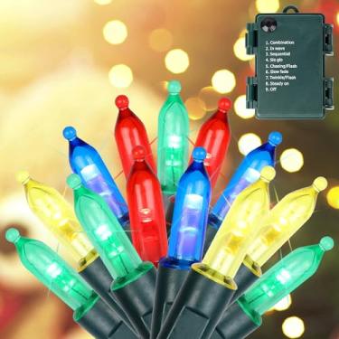 Imagem de Luzes de Natal Blissun, conjunto de luzes de fio verde com 50 unidades, mini cordão de luz de Natal operado por bateria com 8 modos, luzes de fadas de 5 m para decorações de árvore de Natal e jardim (1 pacote, multicolorido)