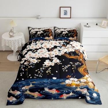 Imagem de Homewish Conjunto de edredom estilo japonês, King, flores de cerejeira e peixe koi, para decoração de quarto de crianças, adolescentes e adultos, conjunto de colcha com pintura artística vintage e